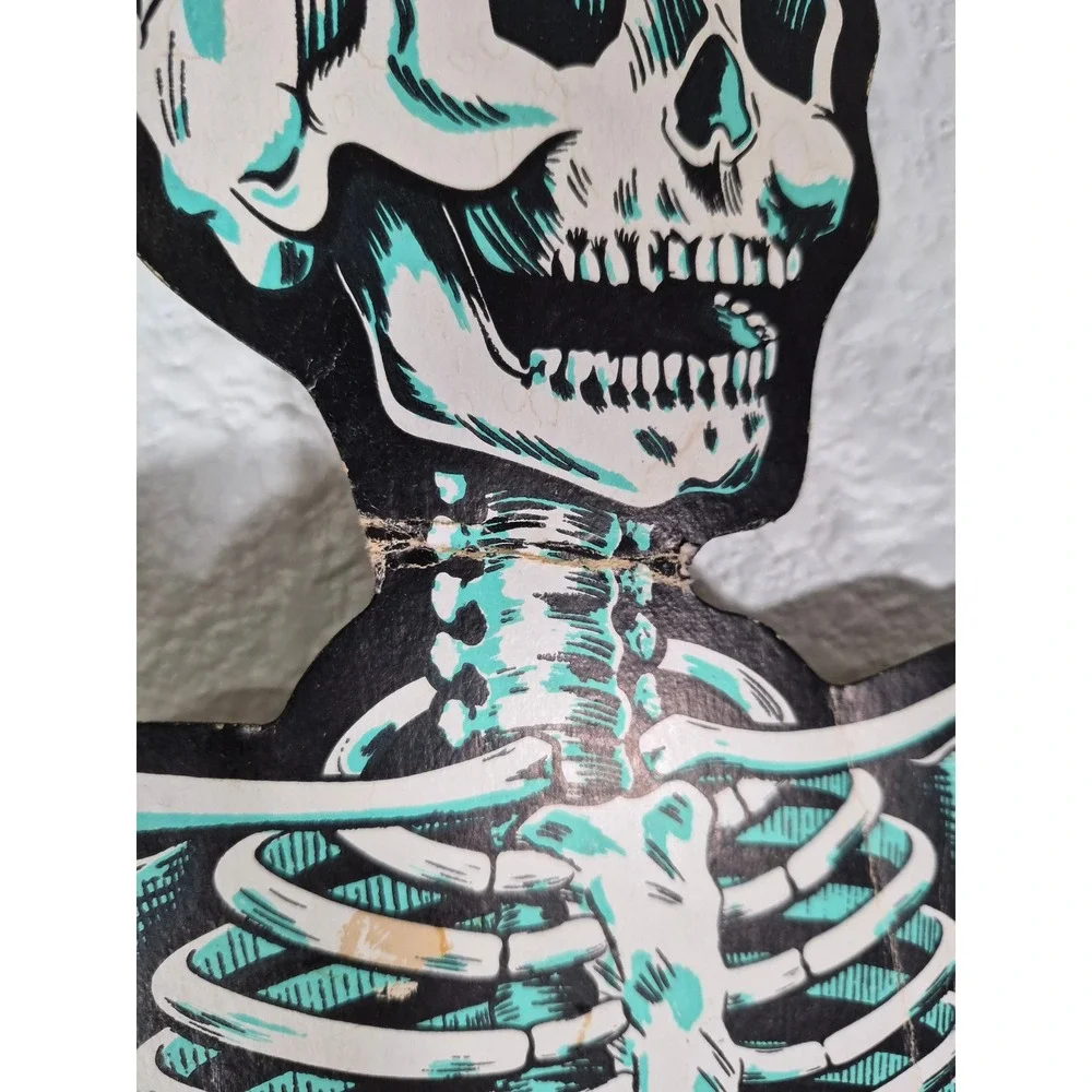 Vtg Beistle Jointed Cardboard Skeleton Halloween Decoration Teal Cream 36 Inch